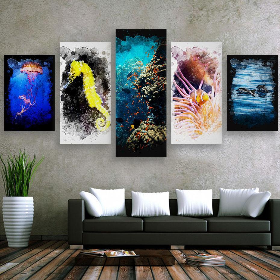 Sea Creatures 5 Piece HD Multi Panel Canvas Wall Art Frame-Original Frame