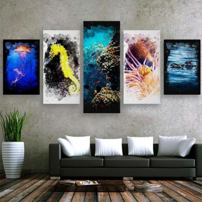 Sea Creatures 5 Piece HD Multi Panel Canvas Wall Art Frame-Original Frame