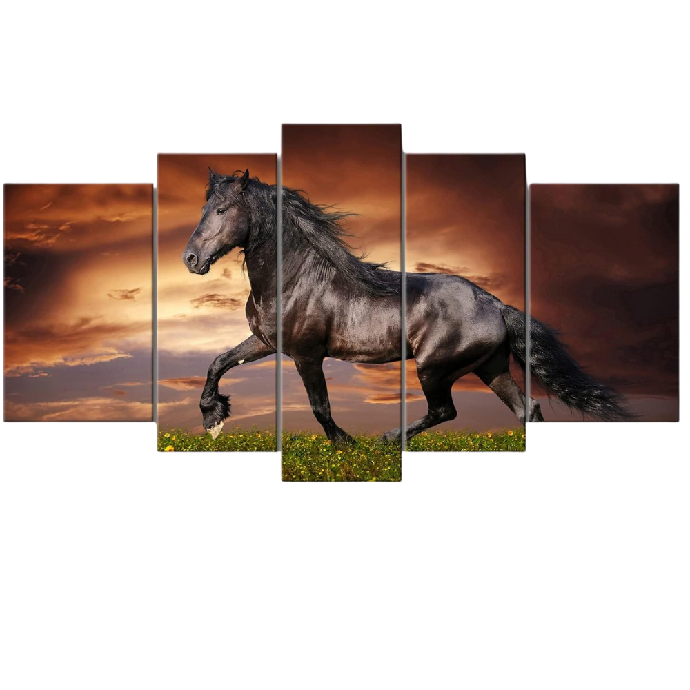 Black Friesian Horse Canvas Art 5 Piece Running at Sunset Wall Decor
