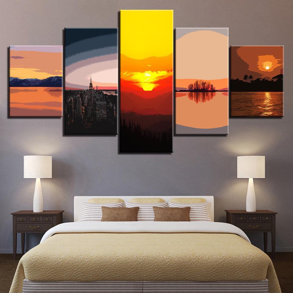 Different Sunsets Collection 5 Piece HD Multi Panel Canvas Wall Art Frame-Original Frame