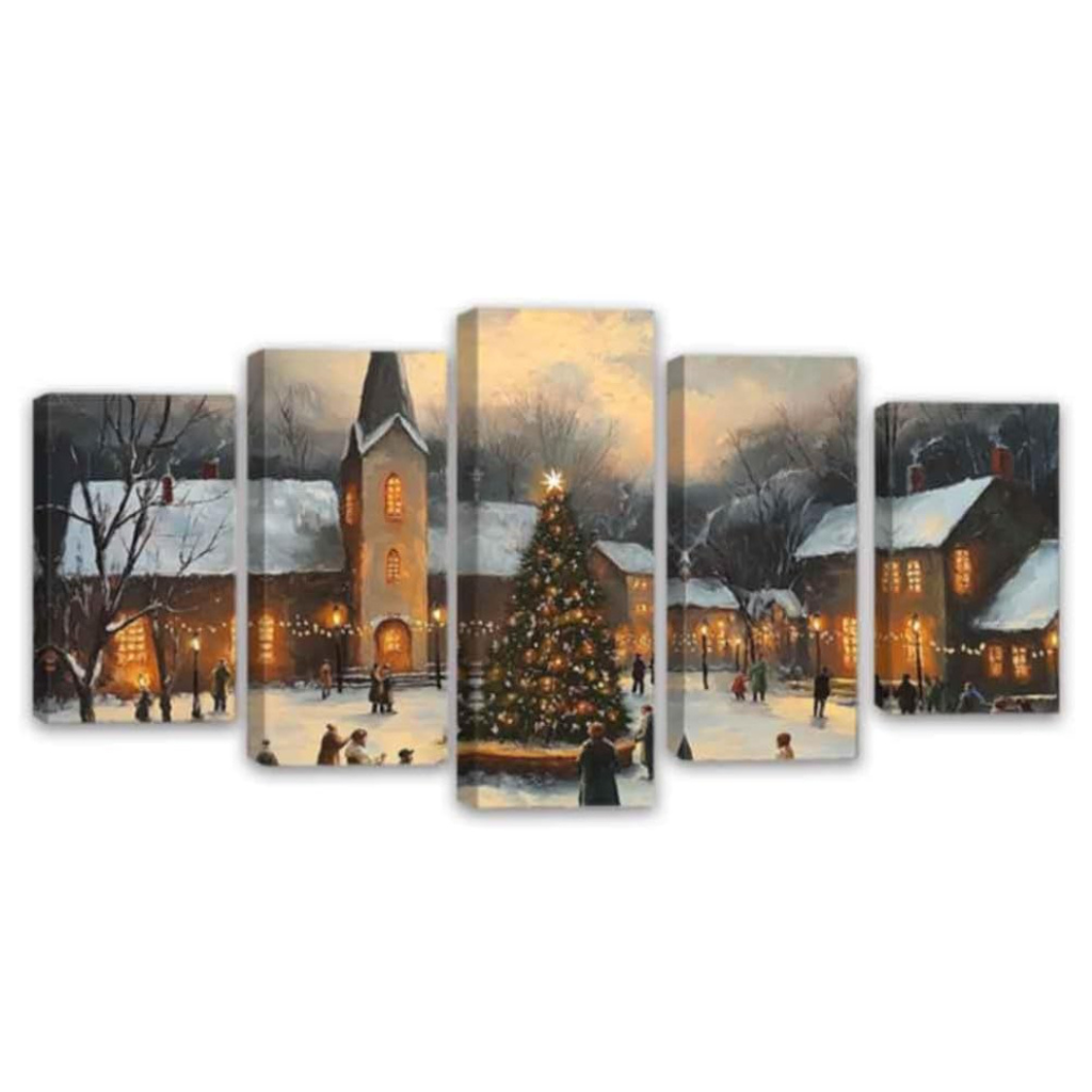 5 Pieces Christmas Wall Art Country Church Canvas Painting Art