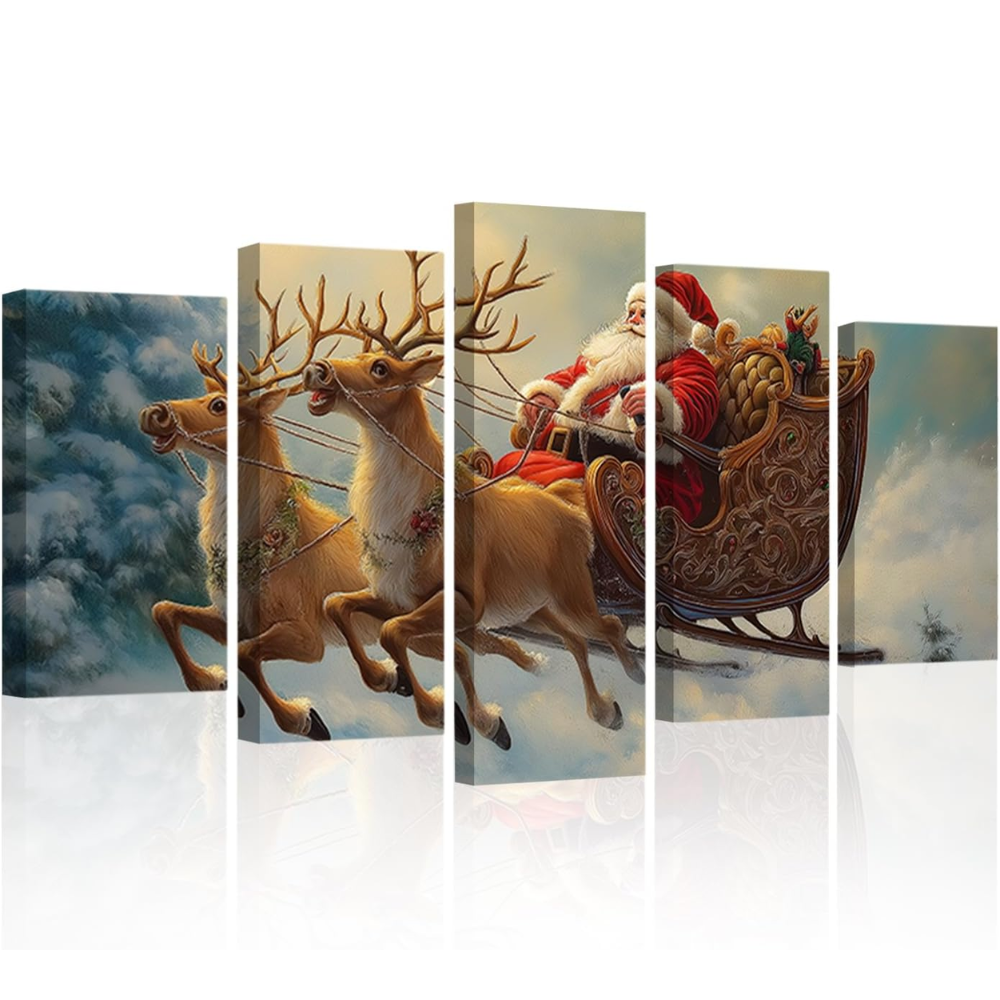 5 Piece Christmas Canvas Wall Art Santa Claus Reindeer Sleigh Decor