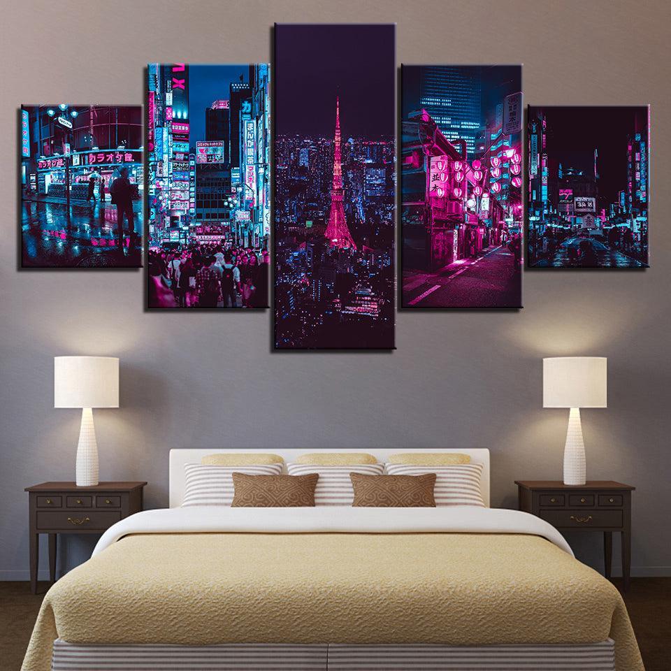 The Neon City Light 5 Piece HD Multi Panel Canvas Wall Art Frame-Original Frame