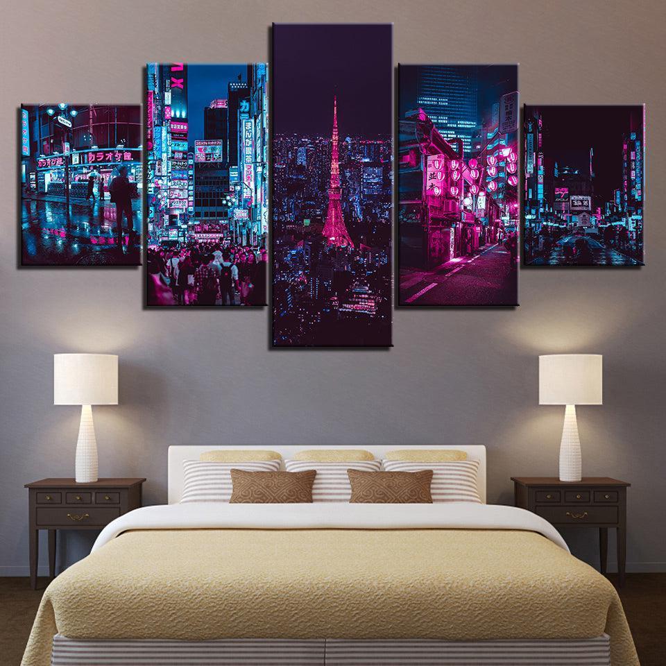 The Neon City Light 5 Piece HD Multi Panel Canvas Wall Art Frame-Original Frame