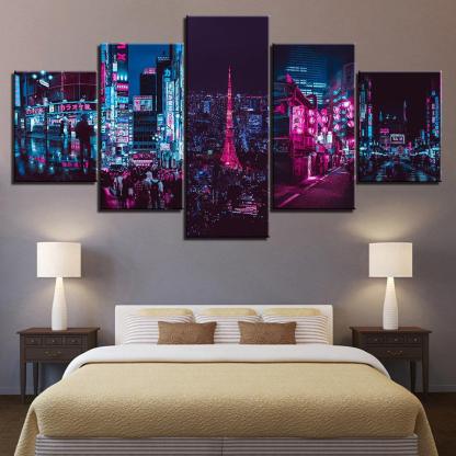 The Neon City Light 5 Piece HD Multi Panel Canvas Wall Art Frame-Original Frame