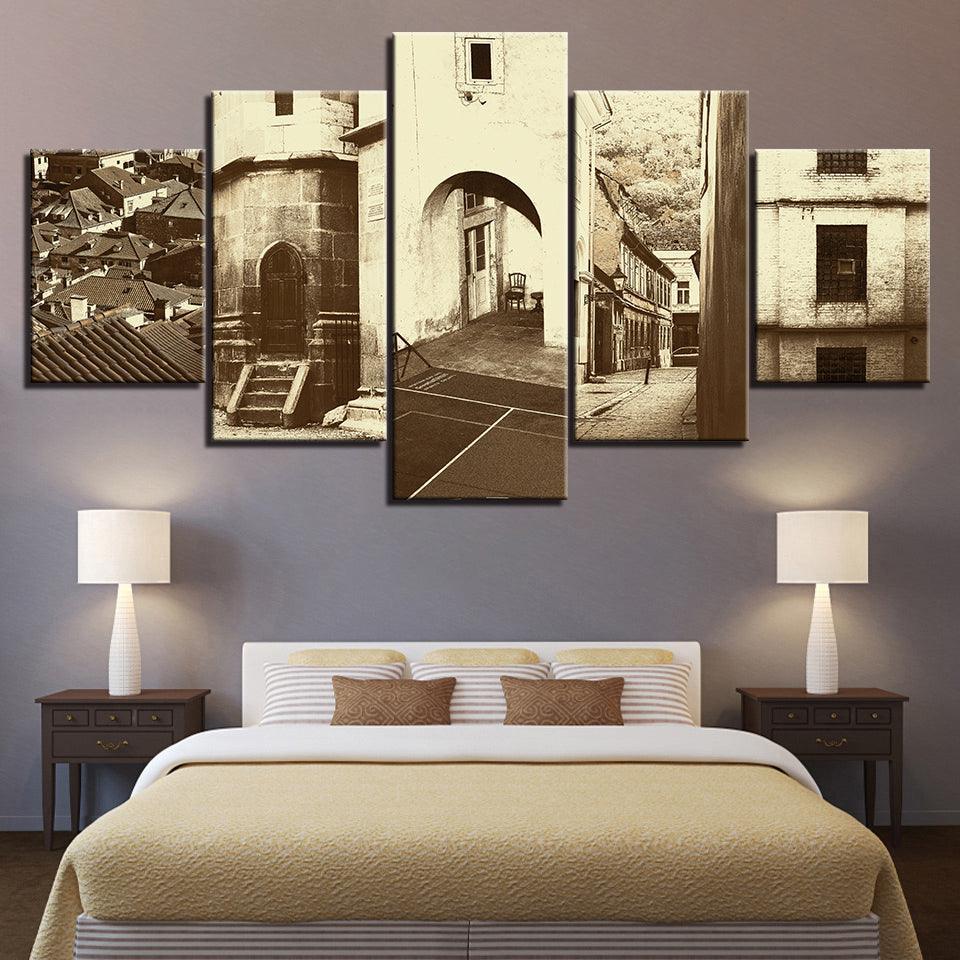 The Vintage Brown Town 5 Piece HD Multi Panel Canvas Wall Art Frame-Original Frame