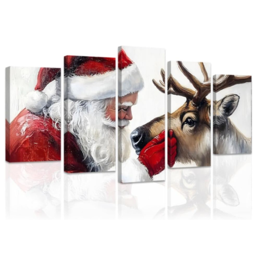  5 Piece Christmas Canvas Wall Art Santa Claus and Reindeer Pictures