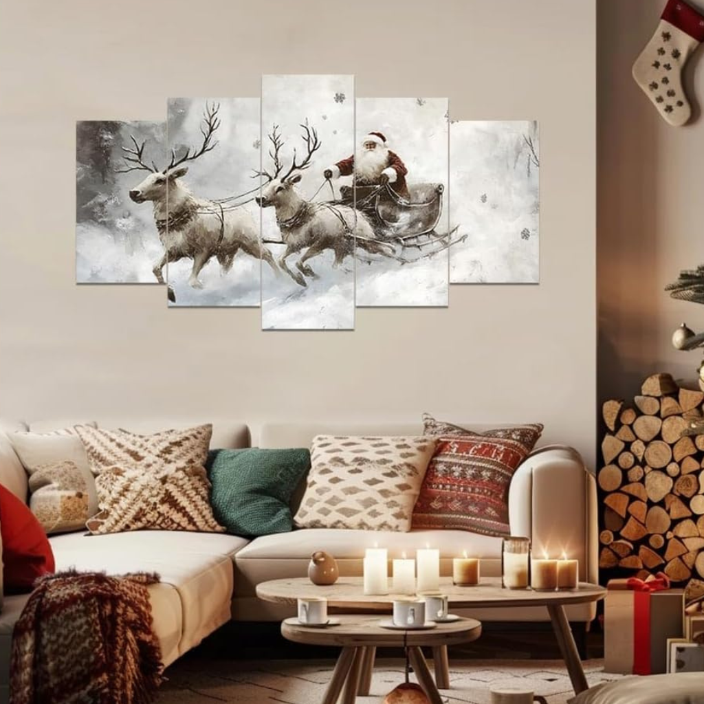  5 Piece Christmas Canvas Wall Art Santa Claus and Reindeer Pictures