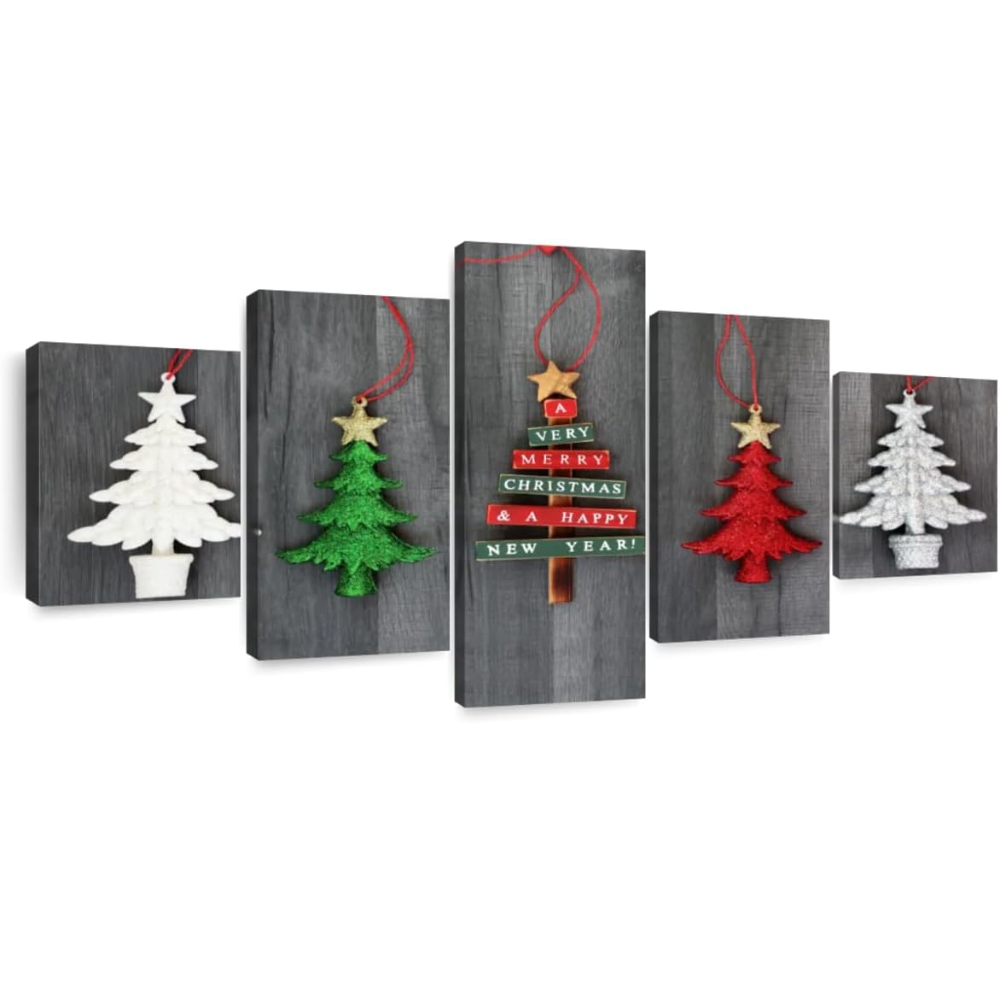 5 Piece Hanging Christmas Trees Horizontal Canvas Wall Art
