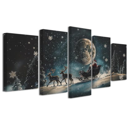 Christmas Canvas Wall Art 5 Piece Santa Claus Reindeer with Sleigh Picture Prints