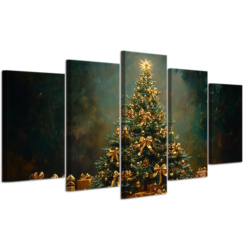 5 Piece Of Vintage Christmas Tree Winter Scene Canvas Wall Art Framed