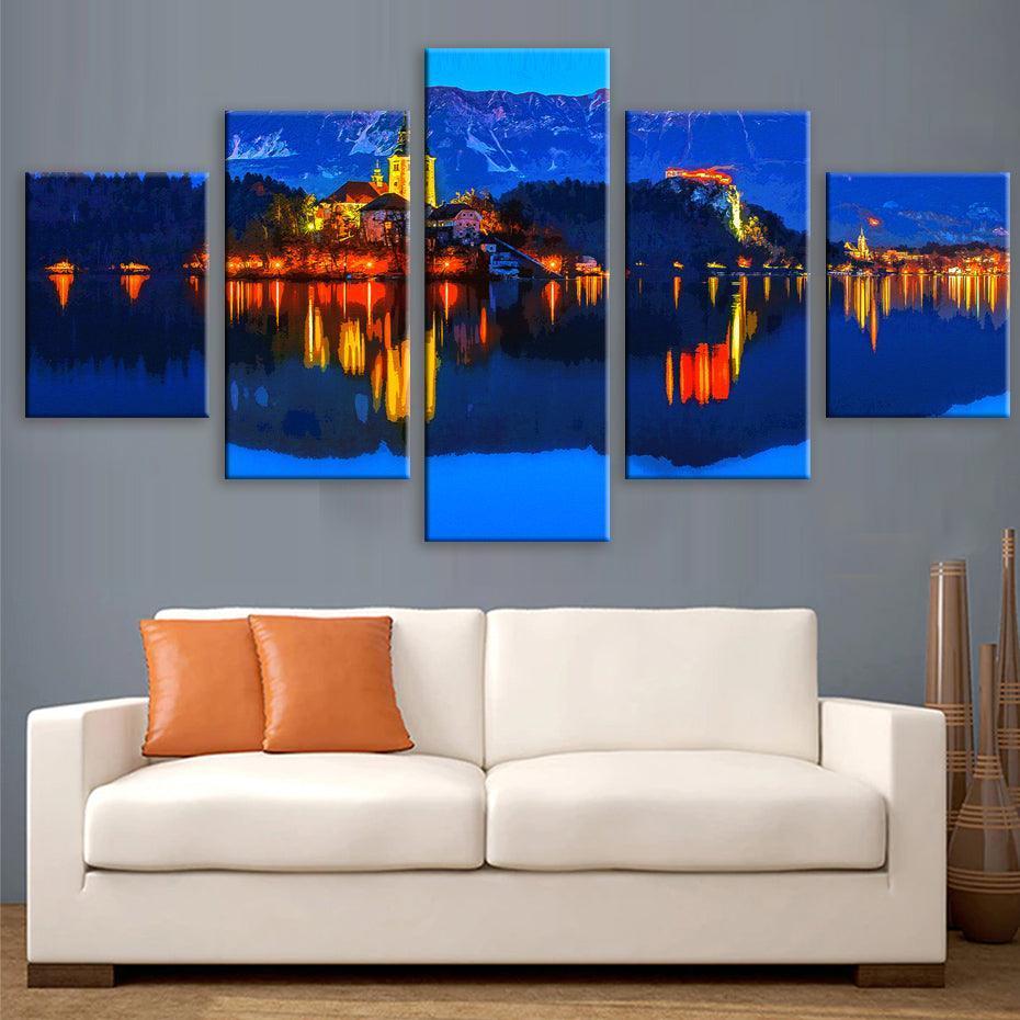 Lake Bled Slovania 5 Piece HD Multi Panel Canvas Wall Art Frame-Original Frame