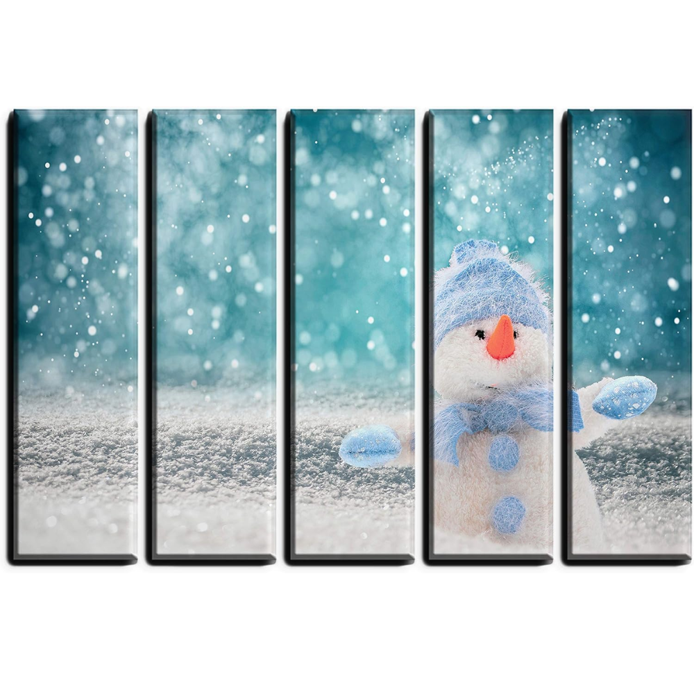 5 Piece Snowy Christmas Wall Art Snowman Canvas Picture Set