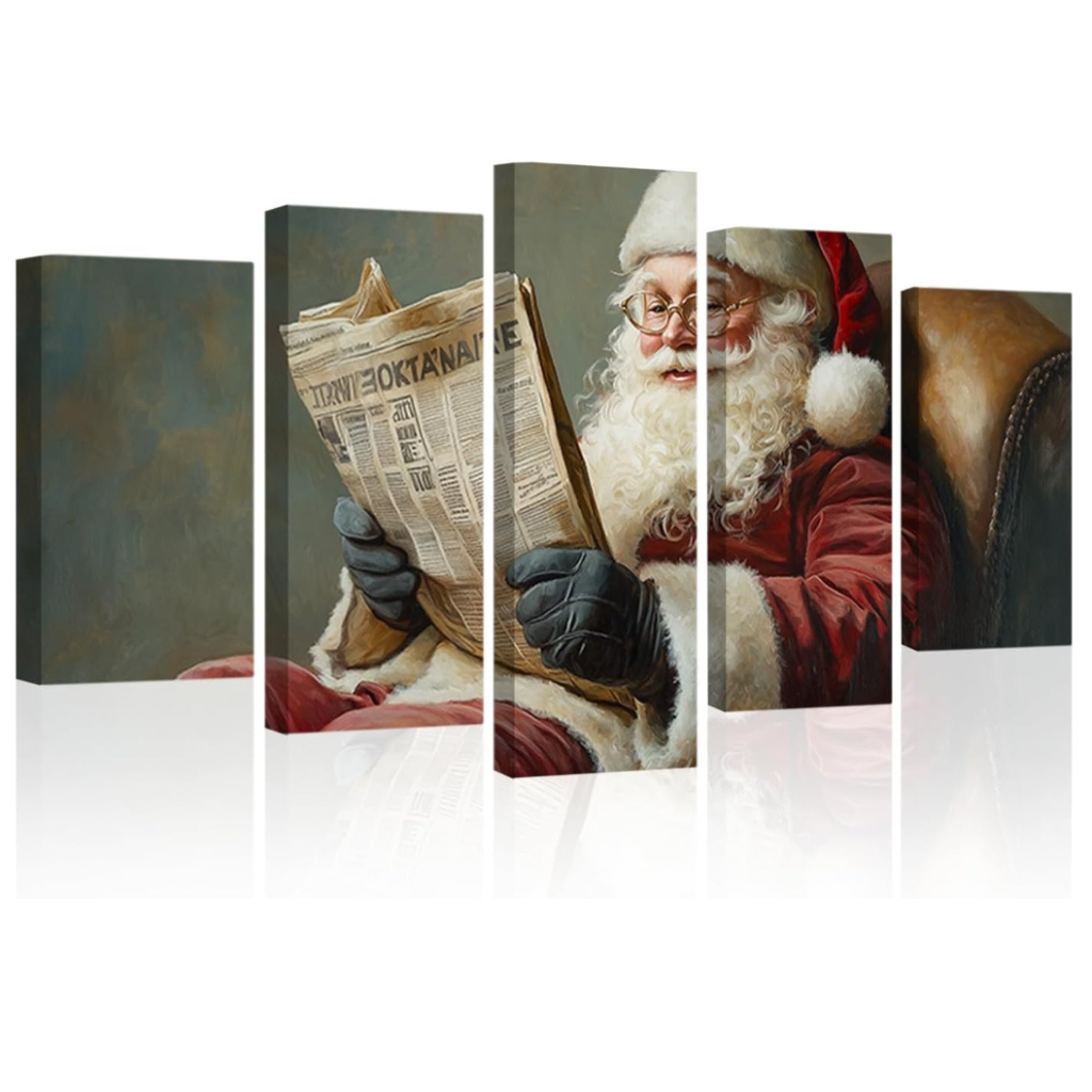 Santa Claus Canvas Wall Art Christmas Pictures 5 Pieces Santa Reading Booking Painting Prints