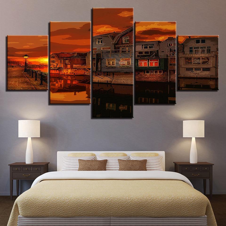 An Orange Evening In Town Collection 5 Piece HD Multi Panel Canvas Wall Art Frame-Original Frame