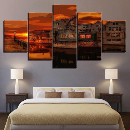 An Orange Evening In Town Collection 5 Piece HD Multi Panel Canvas Wall Art Frame-Original Frame