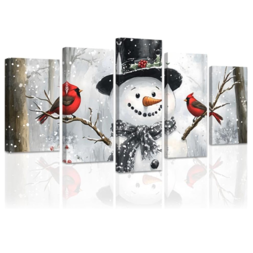 5 Piece Christmas Canvas Wall Art Red Bird and Snowman Painting Cardinal Prints