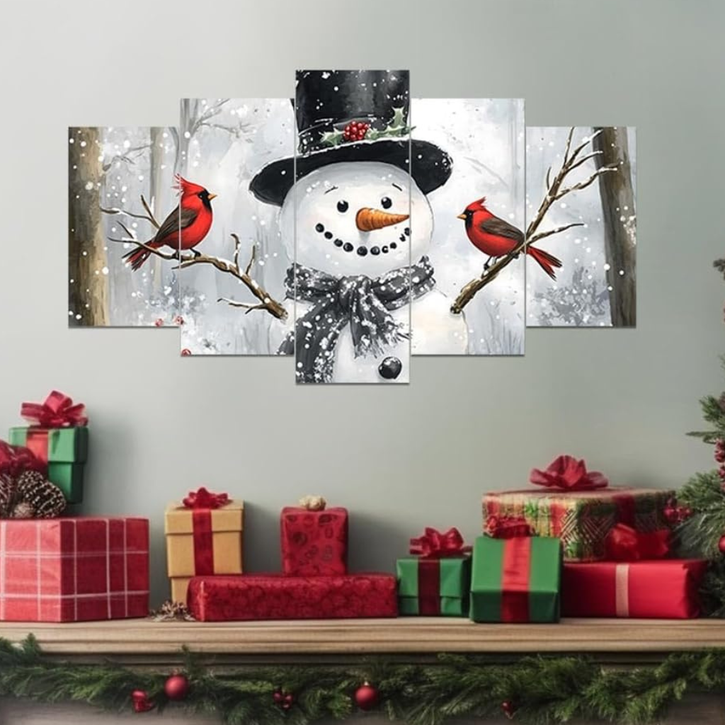 5 Piece Christmas Canvas Wall Art Red Bird and Snowman Painting Cardinal Prints
