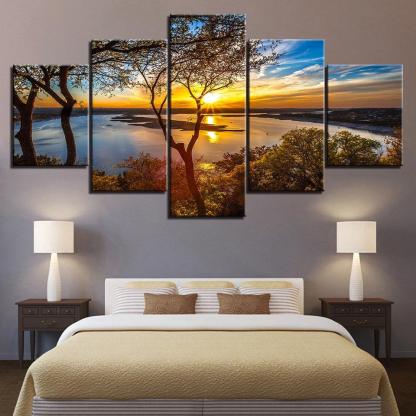 Sunset Lake View Five-Panel Canvas Art Frame-Original Frame