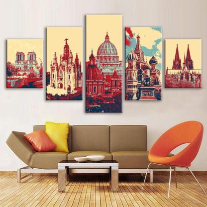 Famous Cathedrals Of Europe 5 Piece HD Multi Panel Canvas Wall Art Frame-Original Frame