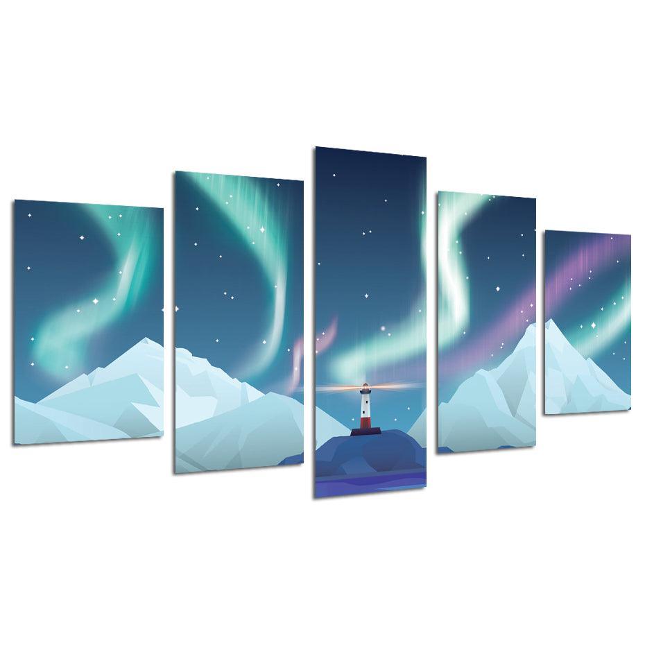 Aurora Lighthouse 5 Piece HD Multi Panel Canvas Wall Art Frame-Original Frame