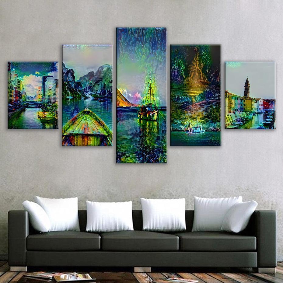 Seaside Boats 5 Piece HD Multi Panel Canvas Wall Art Frame-Original Frame