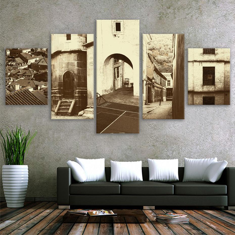 Vintage Streets Of Europe 5 Piece HD Multi Panel Canvas Wall Art Frame-Original Frame