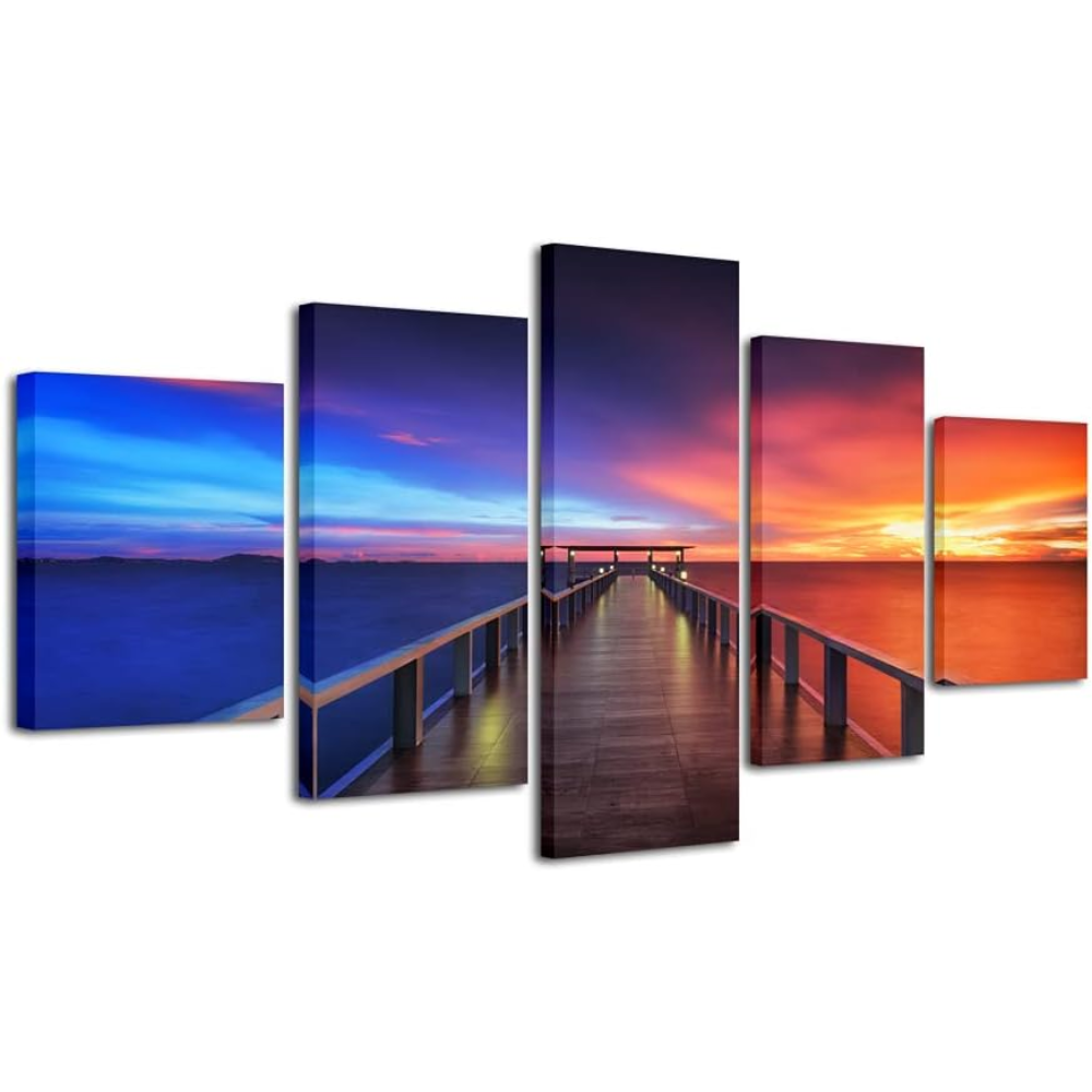 Sunset Bridge Seascape Canvas Art Five Panel Display