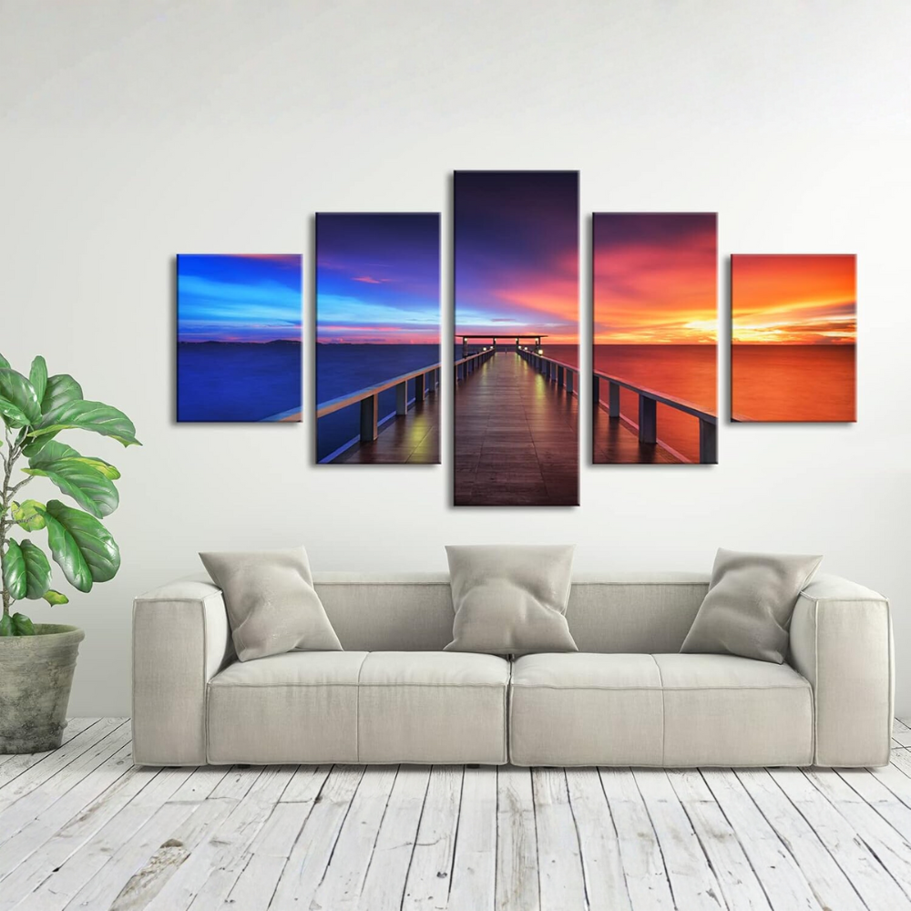 Sunset Bridge Seascape Canvas Art Five Panel Display
