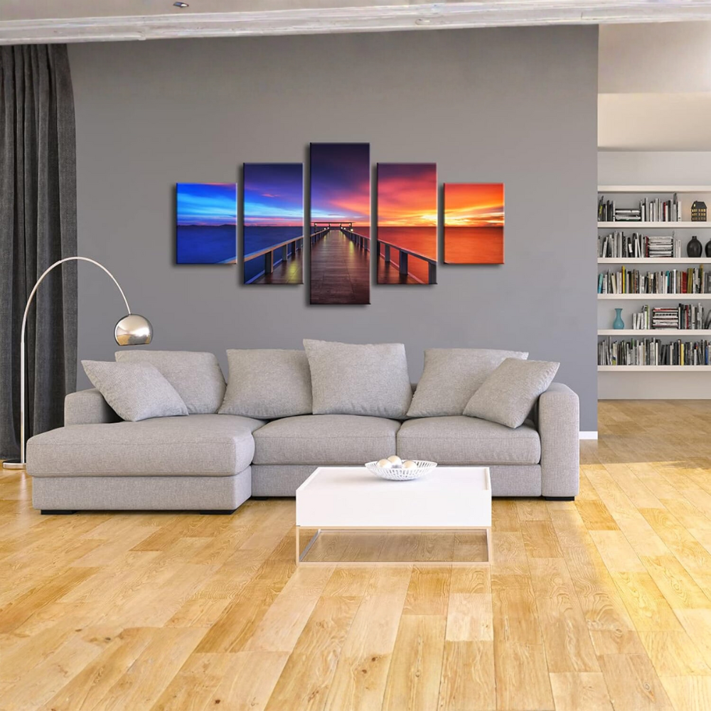 Sunset Bridge Seascape Canvas Art Five Panel Display