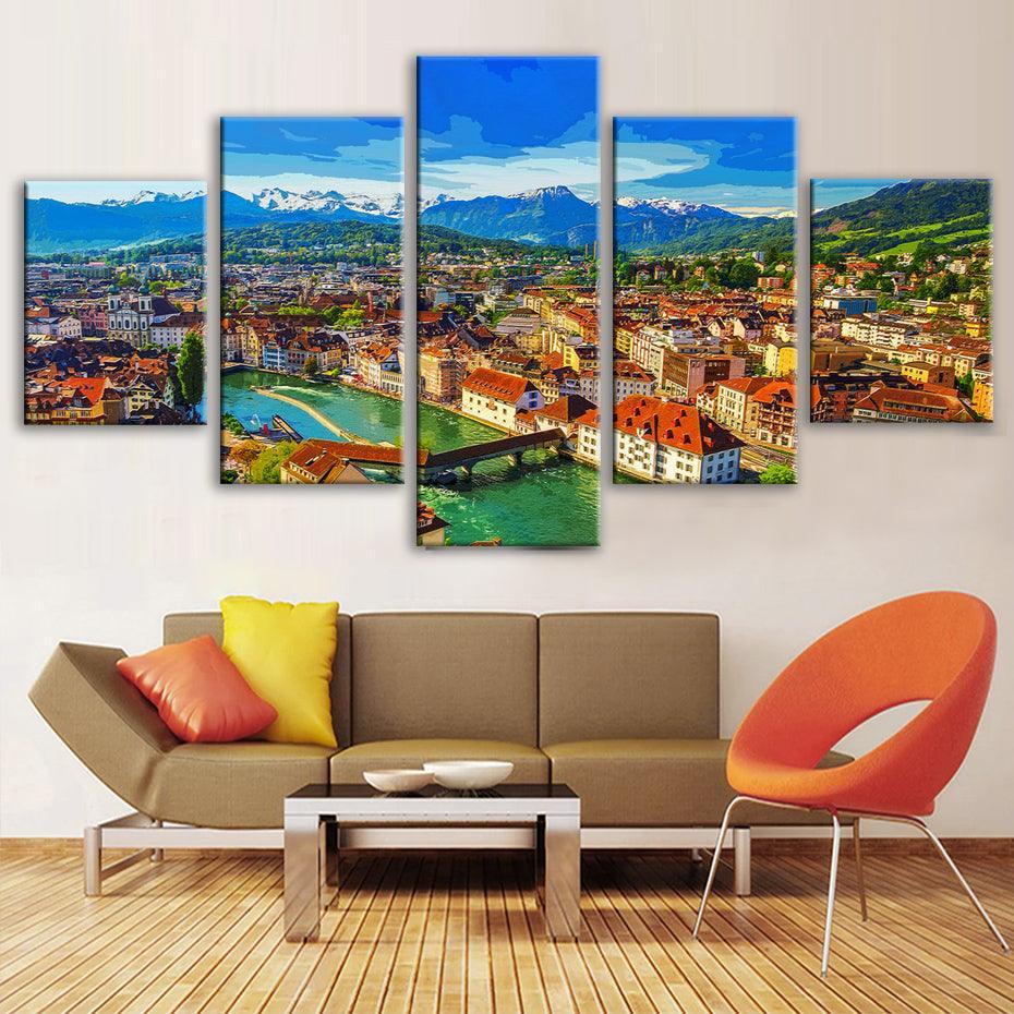 Luzern Switzerland 5 Piece HD Multi Panel Canvas Wall Art Frame-Original Frame