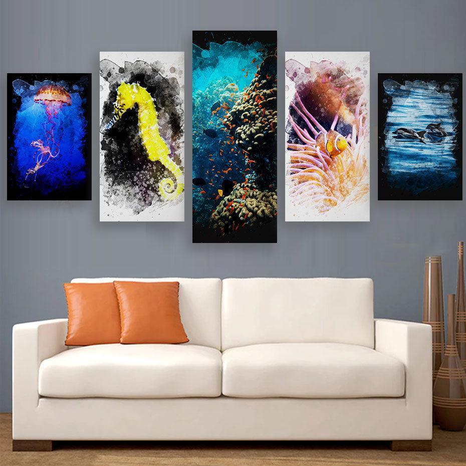 Sea Creatures 5 Piece HD Multi Panel Canvas Wall Art Frame-Original Frame