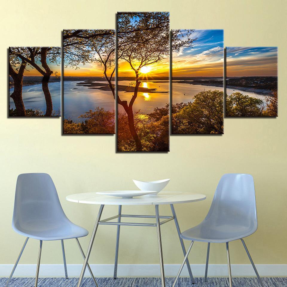 Sunset Lake View Five-Panel Canvas Art Frame-Original Frame