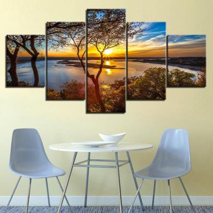 Sunset Lake View Five-Panel Canvas Art Frame-Original Frame