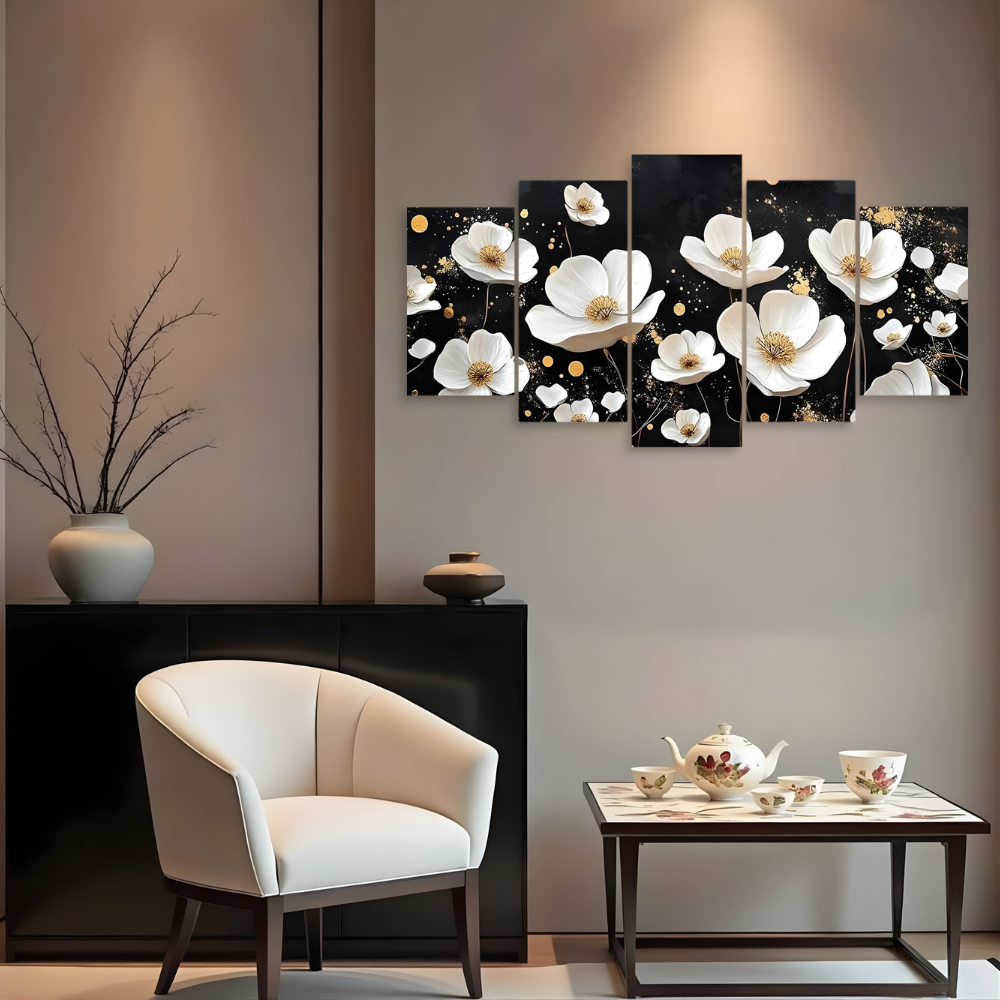 5 Piece White and Gold Flower Canvas Wall Art