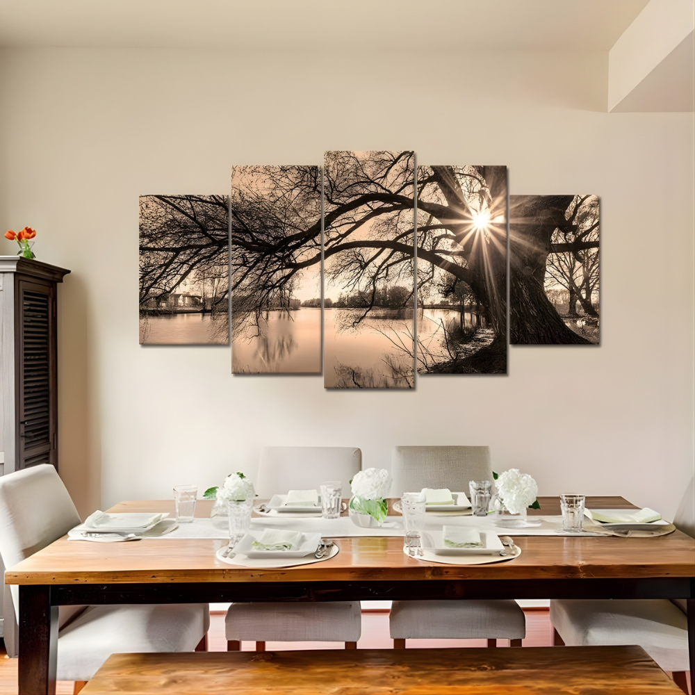 Sepia Lake Sunset Tree Multi Panel Wall Display