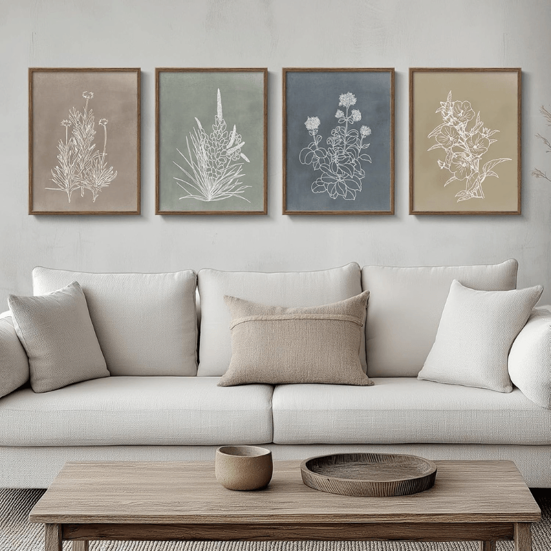 Framed Botanical Wall Art 4 Piece Rustic Floral Print Set-Original Frame