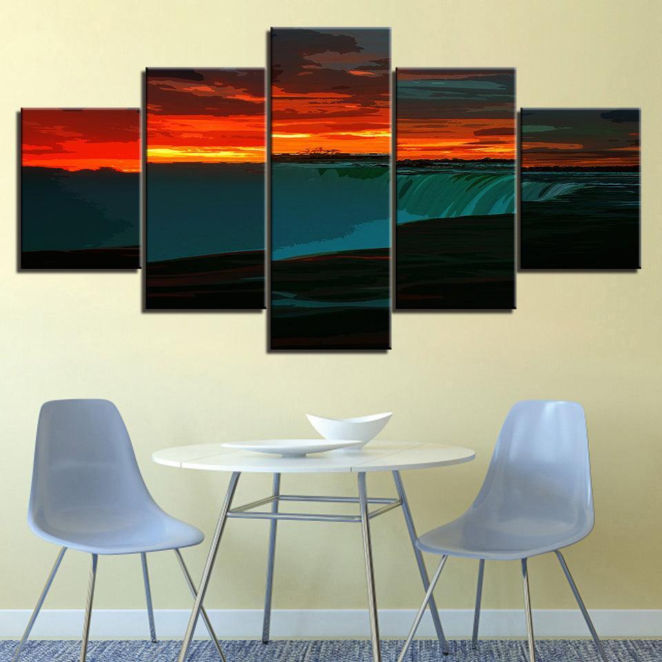 An Orange Sunrise At The Waterfall 5 Piece HD Multi Panel Canvas Wall Art Frame-Original Frame