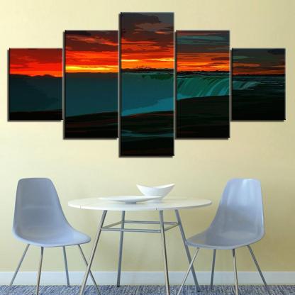 An Orange Sunrise At The Waterfall 5 Piece HD Multi Panel Canvas Wall Art Frame-Original Frame