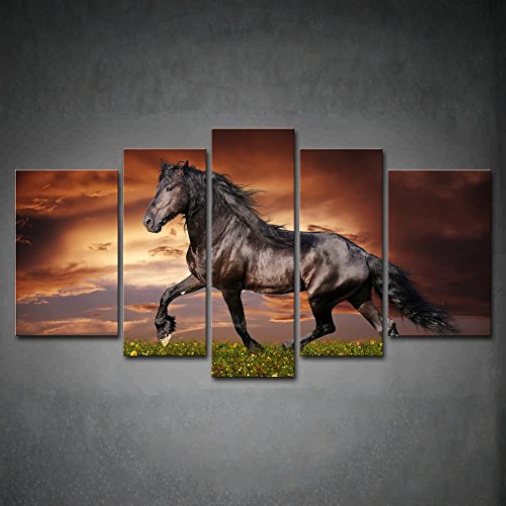 Black Friesian Horse Canvas Art 5 Piece Running at Sunset Wall Decor