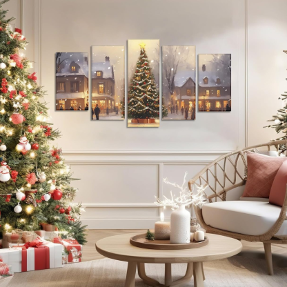 Christmas Wall Art 5 Piece Christmas Tree Winter Wonderland Picture Canvas Print