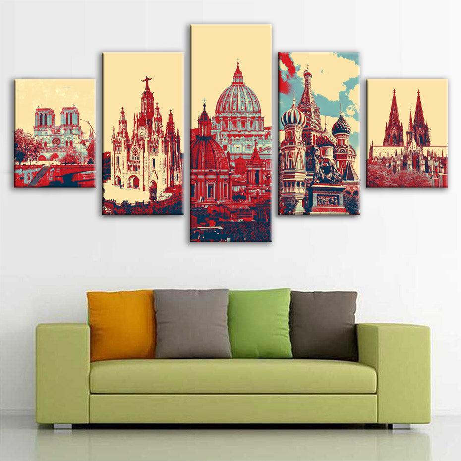Famous Cathedrals Of Europe 5 Piece HD Multi Panel Canvas Wall Art Frame-Original Frame