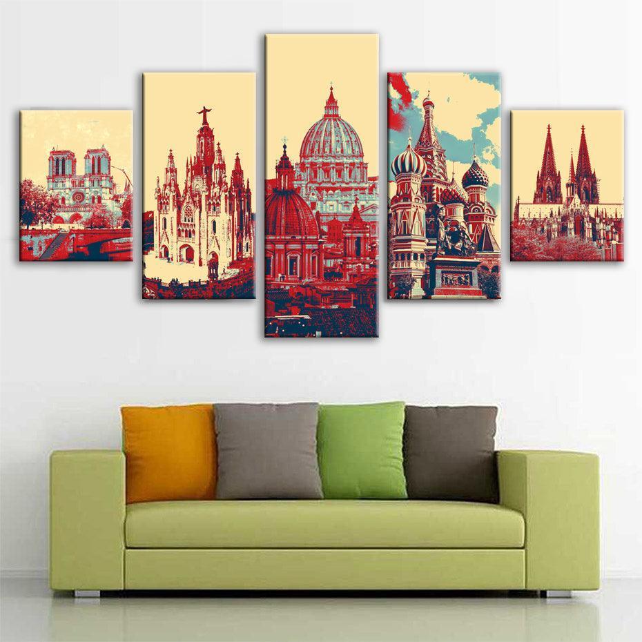 Famous Cathedrals Of Europe 5 Piece HD Multi Panel Canvas Wall Art Frame-Original Frame
