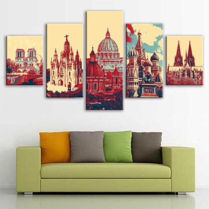 Famous Cathedrals Of Europe 5 Piece HD Multi Panel Canvas Wall Art Frame-Original Frame