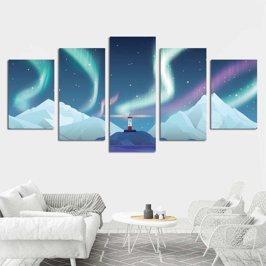 Aurora Lighthouse 5 Piece HD Multi Panel Canvas Wall Art Frame-Original Frame