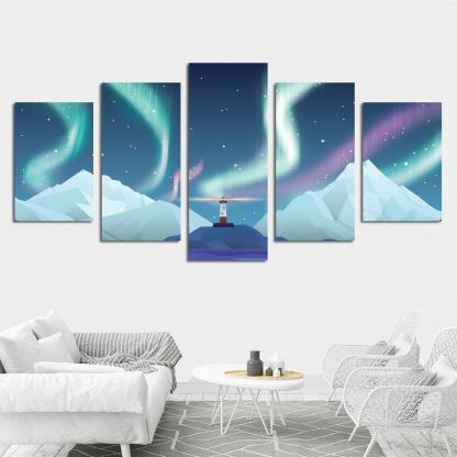 Aurora Lighthouse 5 Piece HD Multi Panel Canvas Wall Art Frame-Original Frame