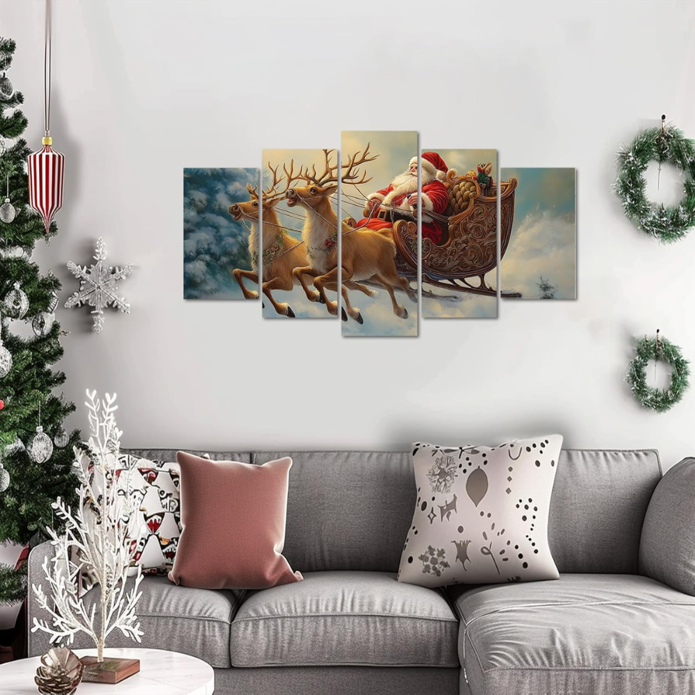 5 Piece Christmas Canvas Wall Art Santa Claus Reindeer Sleigh Decor