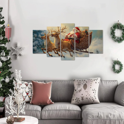 5 Piece Christmas Canvas Wall Art Santa Claus Reindeer Sleigh Decor