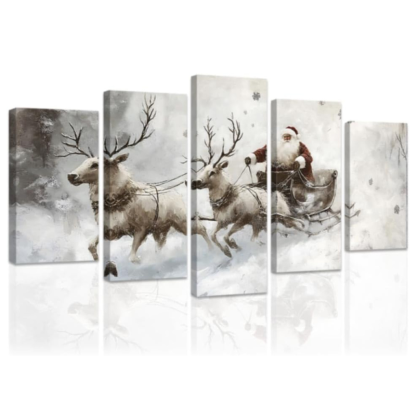 5 Piece Christmas Canvas Wall Art Santa Claus and Reindeer Pictures