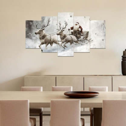  5 Piece Christmas Canvas Wall Art Santa Claus and Reindeer Pictures